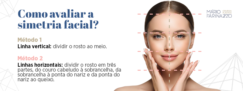 Como avaliar a simetria facial? Método 1: Linha vertical, dividir o rosto ao meio. Método 2: Linhas horizontais, dividir o rosto em três partes, do couro cabeludo à sobrancelha, da sobrancelha à ponta do nariz e da ponta do nariz ao queixo.