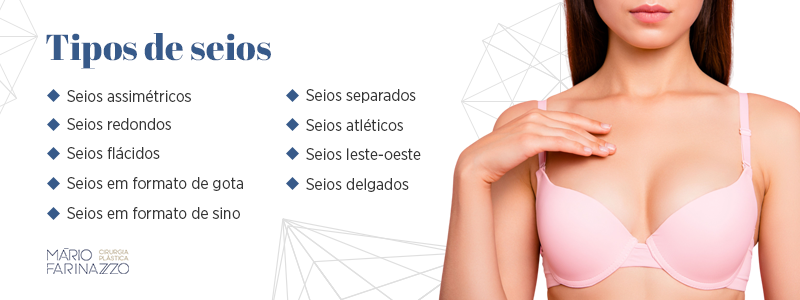 Tipos de seios: seios assimétricos, seios redondos, seios flácidos, seios em formato de gota, seios em formato de sino, seios separados, seios atléticos, seios leste-oeste e seios delgados.