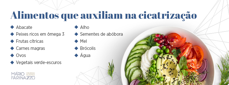Alimentos que auxiliam na cicatrização:
abacate, peixes ricos em ômega 3, frutas cítricas, carnes magras, ovos, vegetais verde-escuros, alho, sementes de abóbora, mel, brócolis e água.