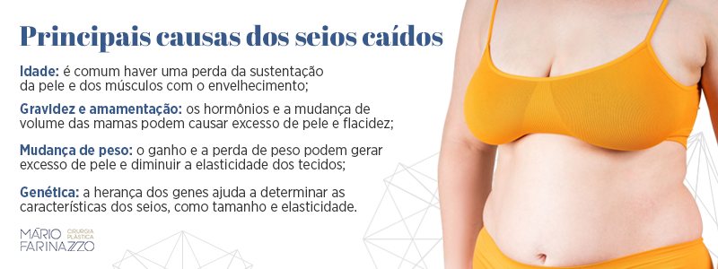 Principais causas dos seios caídos. Idade: é comum haver uma perda da sustentação da pele e dos músculos com o envelhecimento. Gravidez e amamentação: os hormônios e a mudança de volume das mamas podem causar excesso de pele e flacidez. Mudança de peso: o ganho e a perda de peso podem gerar excesso de pele e diminuir a elasticidade dos tecidos. Genética: herança dos genes ajuda a determinar as características dos seios, como tamanho e elasticidade.
