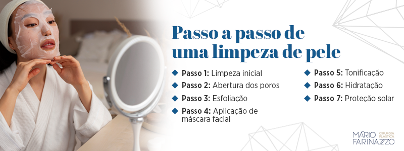 Passo a passo de uma limpeza de pele
Passo 1: Limpeza inicial
Passo 2: Abertura dos poros
Passo 3: Esfoliação
Passo 4: Aplicação de máscara facial
Passo 5: Tonificação
Passo 6: Hidratação
Passo 7: Proteção solar