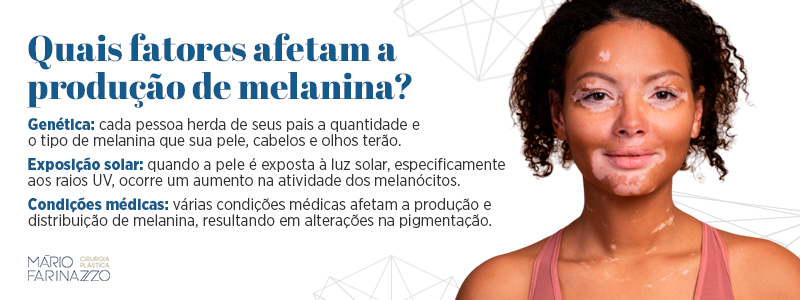 Quais fatores afetam a produção de melanina? Genética: cada pessoa herda de seus pais a quantidade e o tipo de melanina que sua pele, cabelos e olhos terão. Exposição solar: quando a pele é exposta à luz solar, especificamente aos raios UV, ocorre um aumento na atividade dos melanócitos. Condições médicas: várias condições médicas afetam a produção e distribuição de melanina, resultando em alterações na pigmentação.