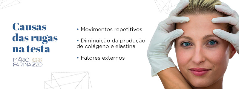 Causas das rugas na testa: movimentos repetitivos, diminuição da produção de colágeno e elastina e fatores externos.