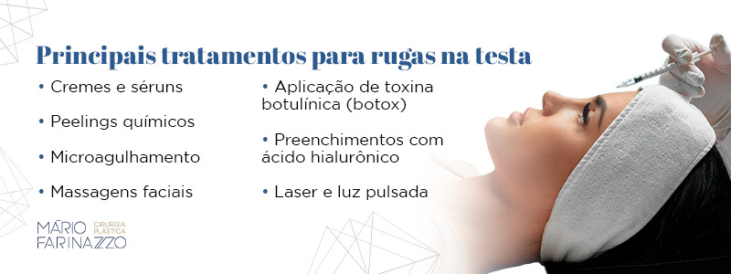Principais tratamentos para rugas na testa: cremes e séruns, peelings químicos, microagulhamento, massagens faciais, aplicação de toxina botulínica (botox), preenchimentos com ácido hialurônico, laser e luz pulsada.