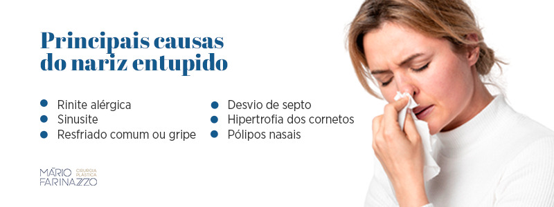 Principais causas do nariz entupido: rinite alérgica, sinusite, resfriado comum ou gripe, desvio de septo, hipertrofia dos cornetos e pólipos nasais.