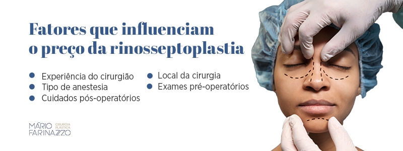 Fatores que influenciam o preço da rinosseptoplastia: experiência do cirurgião, local da cirurgia, tipo de anestesia, exames pré-operatórios e cuidados pós-operatórios.