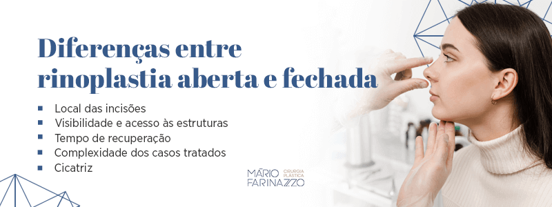 Diferenças entre rinoplastia aberta e fechada: local das incisões, visibilidade e acesso às estruturas, tempo de recuperação, complexidade dos casos tratados e cicatriz.